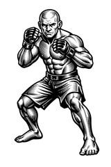 Fototapeta premium Powerful MMA Fighter in Aggressive Stance - Detailed Woodcut Style Illustration of a Muscular Martial Artist, Ready for Intense Combat Sports Action. Determined Expression, Perfect for Gym & Training