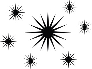 Obraz premium Starburst icons set featuring abstract black radial shapes and sunburst elements, minimal vector collection for decorative design, retro graphics, and creative visual projects