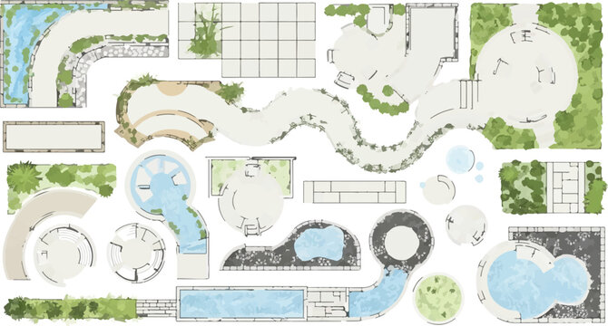 Landscape design plan elements vector set, architectural garden site map symbols, top view backyard layout icons with pools and pathways