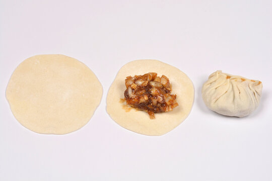 The image shows three stages of making a dumpling from an empty dough circle to a filled one and a pleated final product