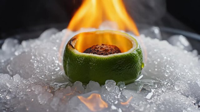 Dramatic mixology craft cocktails with fire and ice. Spectacular flaming lime garnish for an exciting, theatrical bartending presentation