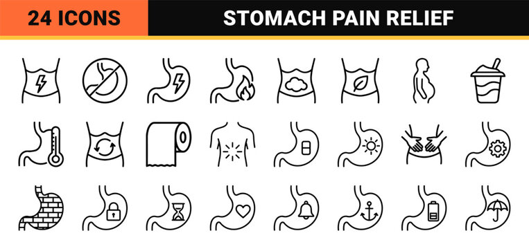Digestive Health and Gastric Ailments Medical Line Art: Minimalist Monoline Icons Representing Stomach Pain, Bloating, and Wellness.