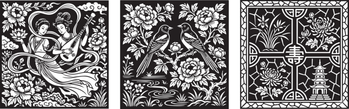 Traditional Chinese Art Illustrations with Fairy Magpies and Cultural Symbols