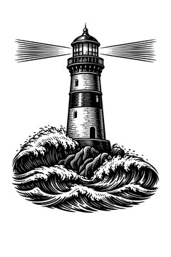 Vintage Woodcut Lighthouse on Crashing Waves: A Majestic Maritime Engraving of Coastal Guidance, Oceanic Power, Illuminating Stormy Seas for Navigational Safety, Enduring Strength, and Seafaring Resil
