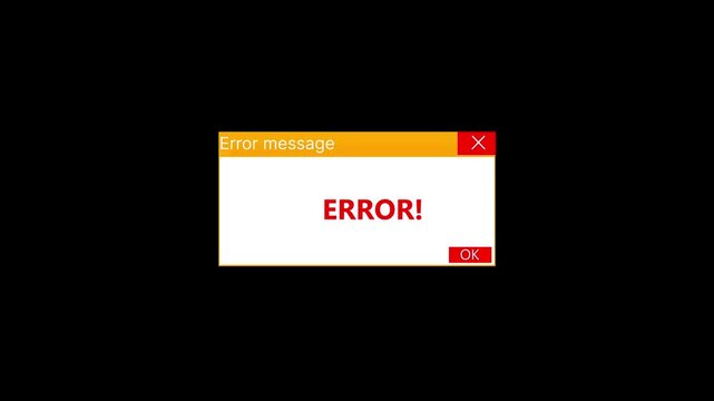 Error message notification on pc screen template animation on transparent background, error message icon concept.Transaction failed popup notification interface.