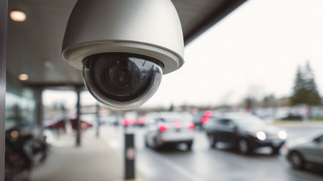 Close up of a CCTV camera mounted at a parking lot entrance, cars moving in and out, natural outdoor light, realistic textures, high quality