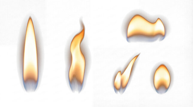 Collection of five realistic fire flames isolated on transparent background, glowing yellow-orange with blue bases.