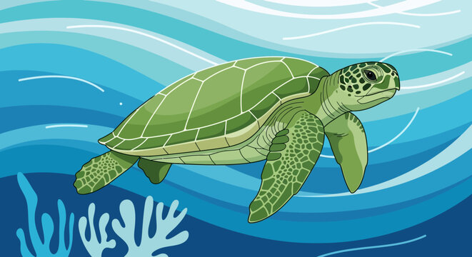 Green sea turtle swims through ocean waves with coral reef underwater.