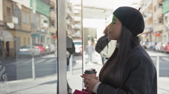 Woman holding coffee cup and pink shopping bag, hands visible, gazing at shop window while standing by a busy city street; urban contemplation.