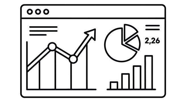 Linear graph pie chart and bar graph displayed within a computer screen outline