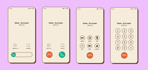 Retro 90s mobile phone call screen interface. Calling, ringing, and talking modes with vintage design layout. Classic smartphone communication screens. Vector illustration isolated on background.