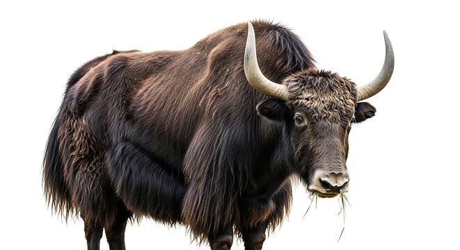 Single yak with dark brown fur against white backdrop