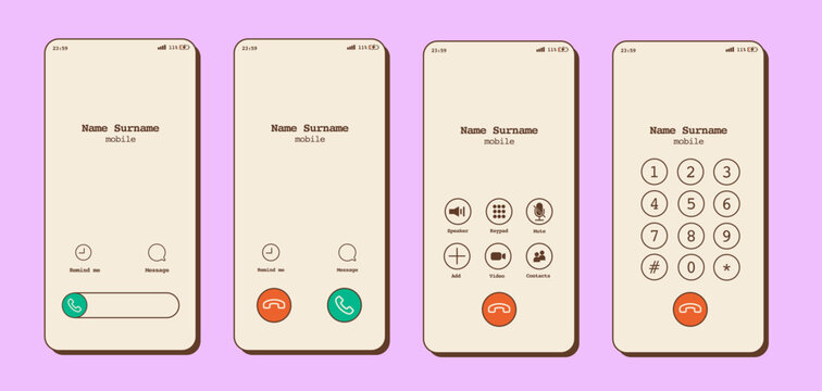 Retro 90s mobile phone call screen interface. Calling, ringing, and talking modes with vintage design layout. Classic smartphone communication screens. Vector illustration isolated on background.