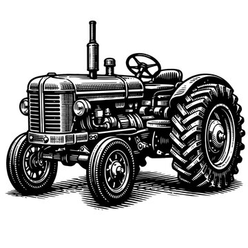 Vintage Farm Tractor Woodcut Illustration - Classic Agricultural Machinery Art Print for Rustic Decor, Farmhouse Style, and Historical Industrial Design Enthusiasts &ndash; Old-School Heavy Equipment Vector