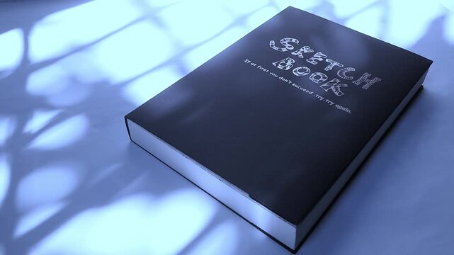 Black Sketchbook With Motivational Quote Under Soft Blue Light And Abstract Shadows