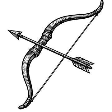 Detailed vintage engraved illustration of a recurve bow and arrow, black & white woodcut style. Perfect for historical, hunting, fantasy, medieval, and sporting designs, emphasizing skill, precision,