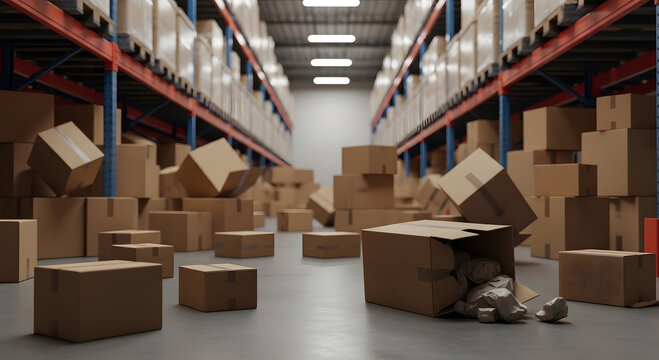 Large warehouse aisle with scattered and fallen cardboard boxes, representing logistics failure, supply chain disruption, storage disorder and operational inefficiency.