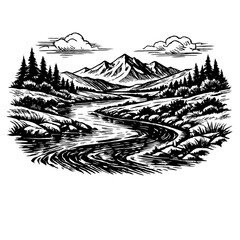 Fototapeta premium Black and white ink drawing of a mountain landscape with a serene winding river, dense pine forests, rugged banks, towering peaks under the cloudy sky, evoking pristine wilderness and natural beauty.