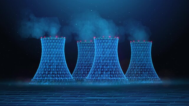 Four Low Poly Hyperboloid Cooling Towers Emitting Steam at Nuclear Power Plant. Animation loop representing nuclear energy production, power generation infrastructure, engineering and power industry.