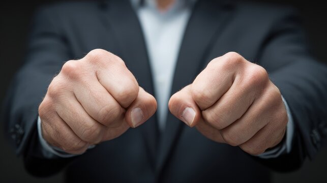 Determined business pose featuring connected fists and editable letter spaces on fingertips