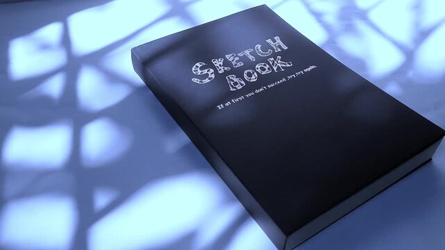 Black Sketchbook With Motivational Quote Under Soft Blue Light And Abstract Shadows