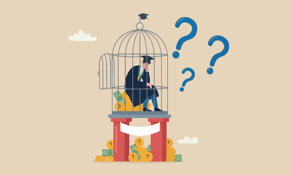 Student loan pillars payback huge amount of money, expensive cost for education concept, depressed confused new graduated student in birdcage with graduation cap