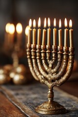 Fototapeta premium Elegant gold menorah at Hanukkah with soft candlelight on wood surface