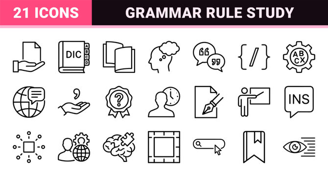 Linguistics and Grammar Education Icon Set featuring Minimalist Monoline Symbols for Language Learning, Syntax, and Literary Analysis.