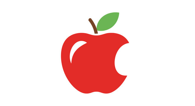 A red apple with a bite taken out and a green leaf on a white background.