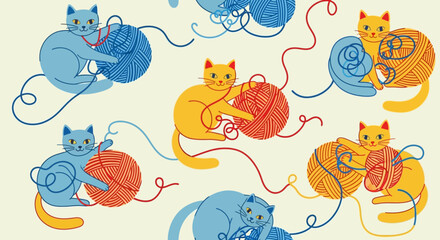 Colorful cats playing with yarn balls. © Muhamad