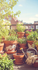 Fototapeta premium Potted plants arranged on a sunny balcony provide a vibrant green urban garden for a small home terrace.