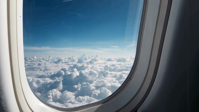 旅客機の丸窓から白い雲海と澄んだ青空を見下ろす穏やかな昼の眺め