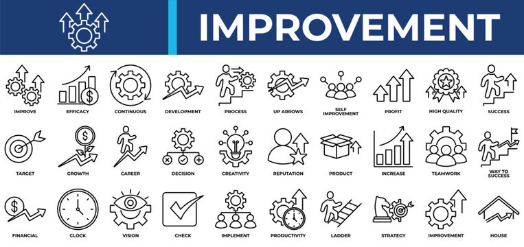 Improvement icon set collection. Containing individual, evolution, increase, selection, arrows, efficiency, profit .Line vector icons collection