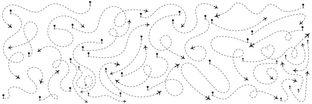 set of Route location icon, two-pin sign and dotted line. map path distance icon, pinpoint, map search, route, Route icon, two points with dotted path and location pin. 