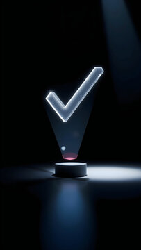 A large check mark on a dark background with a spotlight