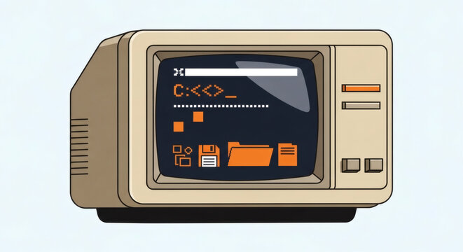 Vintage computer monitor displaying coding interface and icons  