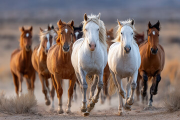 Obraz premium Herd of Wild Horses Running Across Dusty Plains