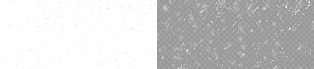 Realistic snow overlay background with snowfall and snowflakes. Winter snow flakes isolated on transparent background PNG. Heavy snowfall illustration for festive Christmas media. © Даниил Москаленко