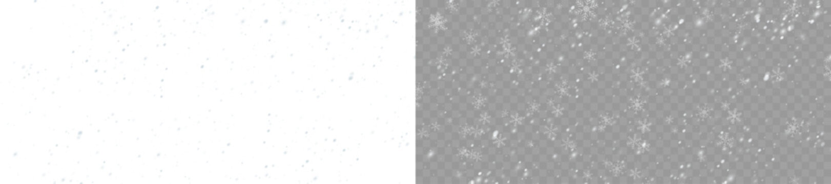 Realistic snow overlay background with snowfall and snowflakes. Winter snow flakes isolated on transparent background PNG. Heavy snowfall illustration for festive Christmas media.