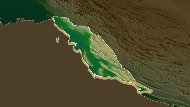 Bushehr province, extrusion on physical map - inset map with province location in Iran