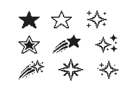 Creative pixel art styles of stars and shooting stars in black and white