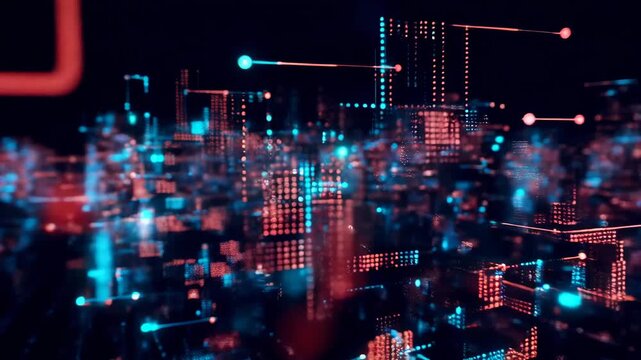 Futuristic digital city with glowing red and blue data blocks representing global network and big data technology
