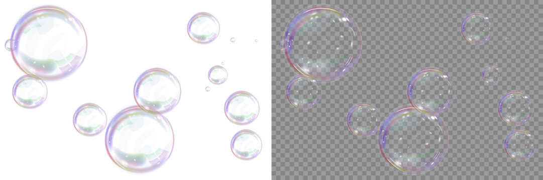 Transparent soap bubble overlay with rainbow reflections and light refraction. Realistic soap bubble PNG for foam, powder, and detergent concepts. Vector image for design.
