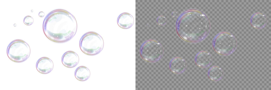 Transparent soap bubble overlay for creative design. Realistic soap bubbles with rainbow reflection set isolated on transparent background PNG for artistic visual elements.