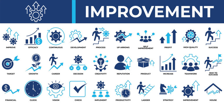Improvement icon set collection. Containing individual, evolution, increase, selection, arrows, efficiency, profit .Solid vector icons collection