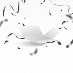 New White Open box with silver ribbons and confetti