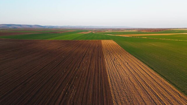 Aerial view of vibrant green crops and freshly plowed fields, creating a patchwork of contrasting textures and tones, Jazak, Vojvodina, Serbia.
