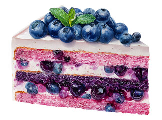 Slice of watercolor blueberry cake with pink sponge layers, creamy frosting and blueberry compote, topped with fresh blueberries and a mint leaf on white background © Narin