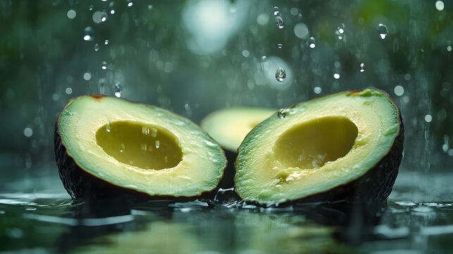 Halved avocado under falling water droplets. Fresh food.
