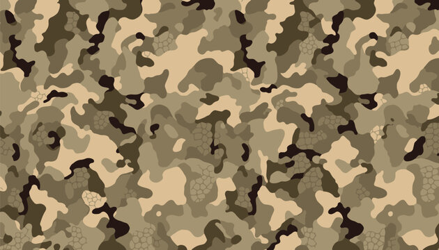 Seamless camouflage reptile pattern desert camo texture vector background. Camouflage pattern blended with reptile skin texture. Unique hybrid design, fashion, streetwear, textile, printing, military.